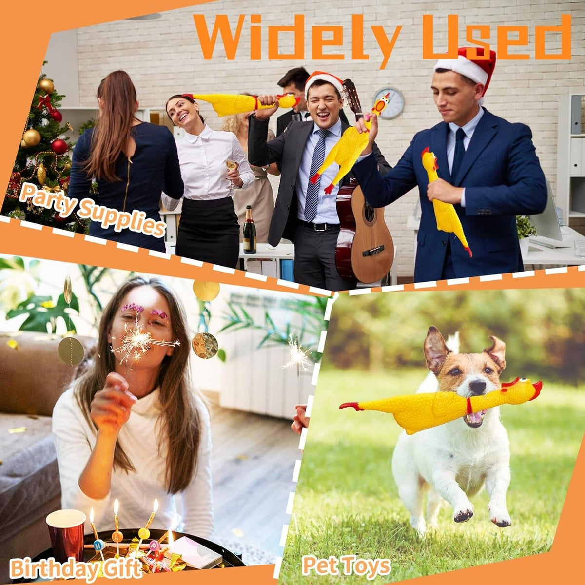 Yellow rubber squeaky chicken toy used by people and pets at parties and gifts