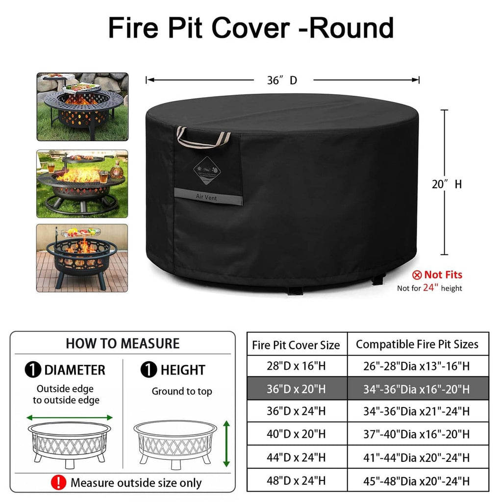 Round black fire pit cover with air vent patch and tie straps; 36 in diameter