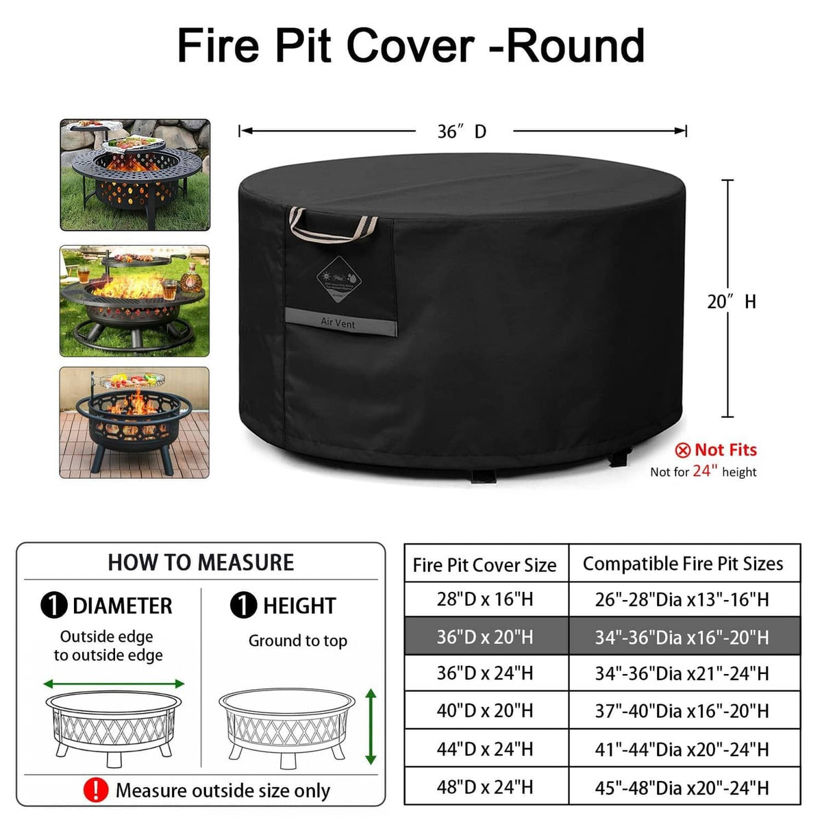 Round black fire pit cover with air vent patch and tie straps; 36 in diameter