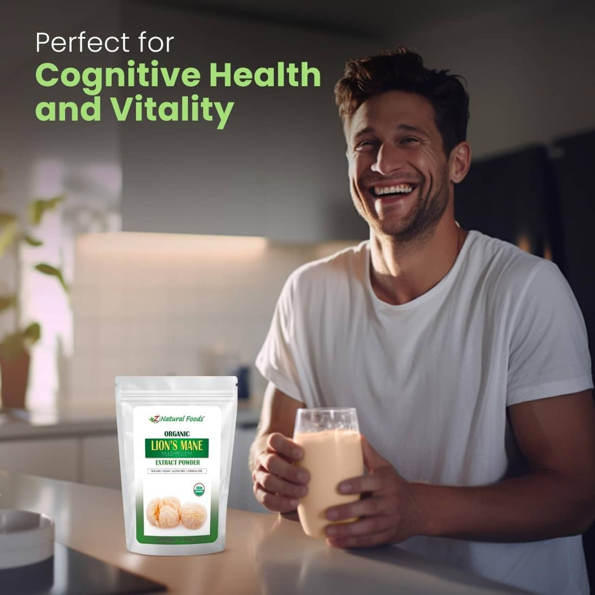 Z Natural Foods lion's mane mushroom extract powder pouch shown with a drink cup