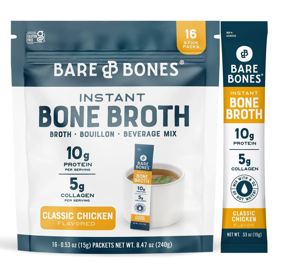 Instant bone broth powder packet with classic chicken flavor and 16 stick packs