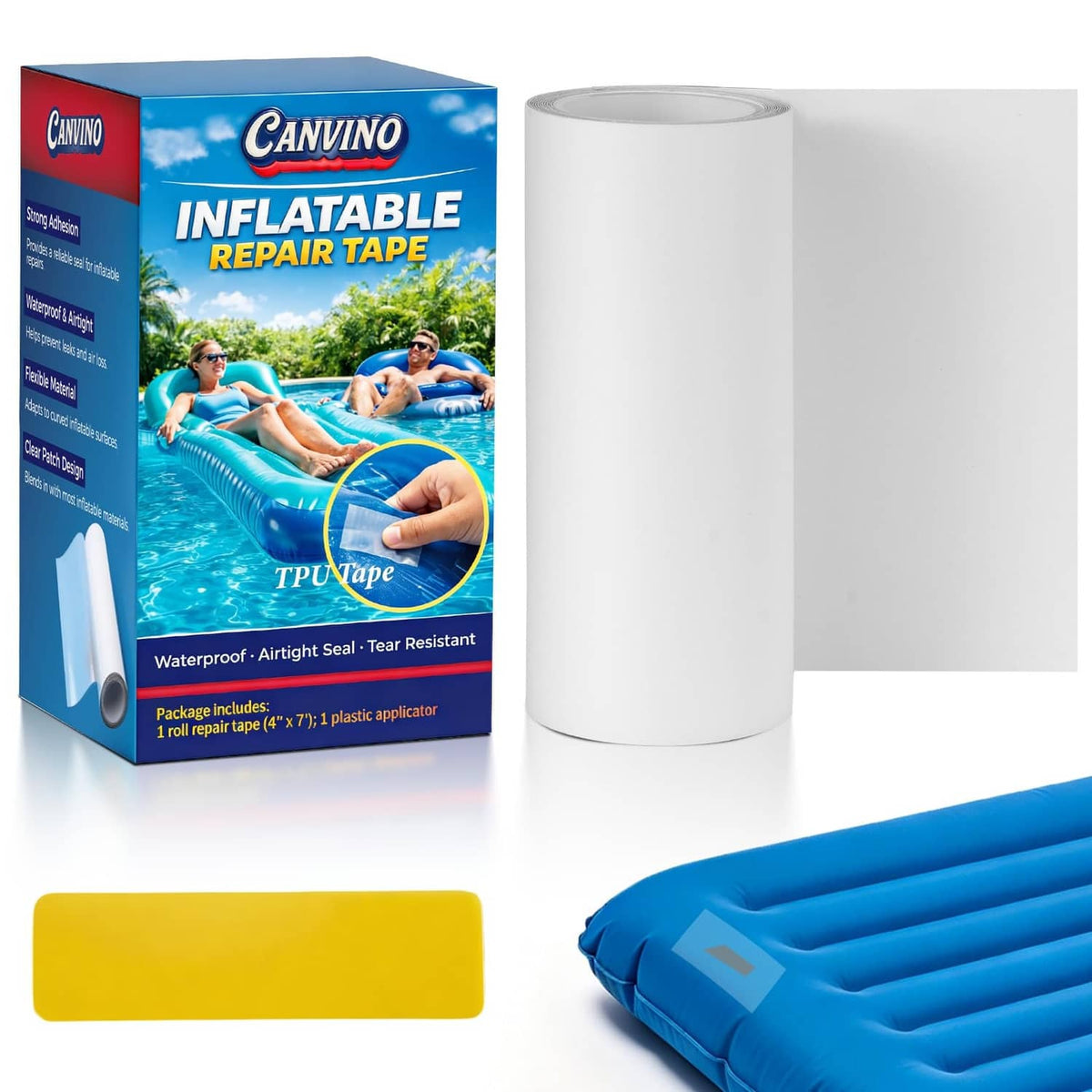 Inflatable repair tape roll with clear patch sheet and plastic applicator card