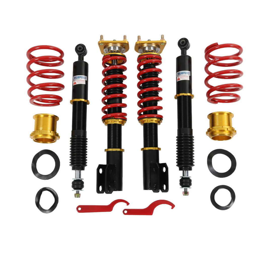 Coilover strut and shock kit with red springs, black dampers, and mounting hardware