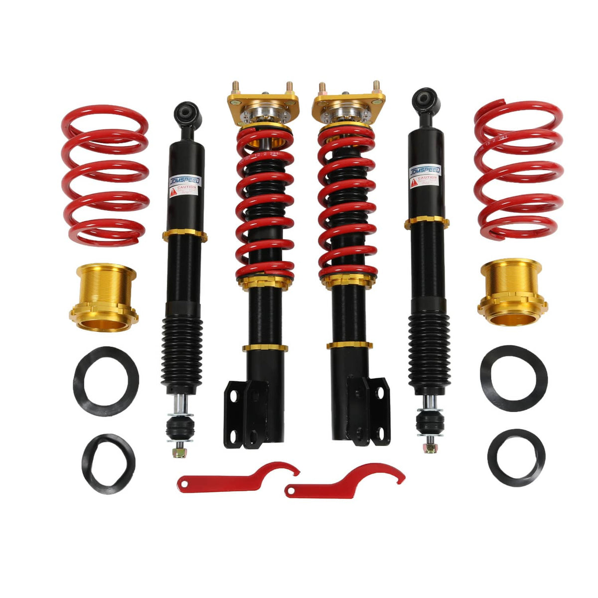 Coilover strut and shock kit with red springs, black dampers, and mounting hardware