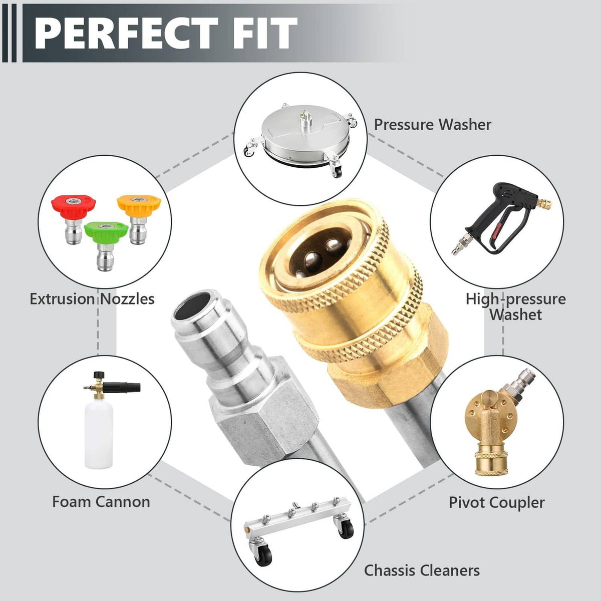 Pressure washer extension wand pair with brass coupling and multiple compatible fittings