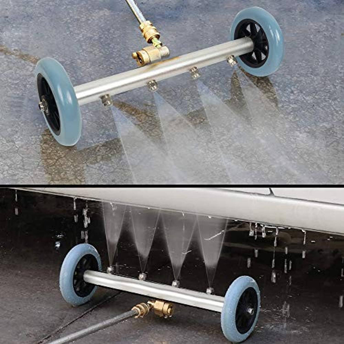 Undercarriage pressure washer cleaner bar with two blue wheels and multiple spray nozzles