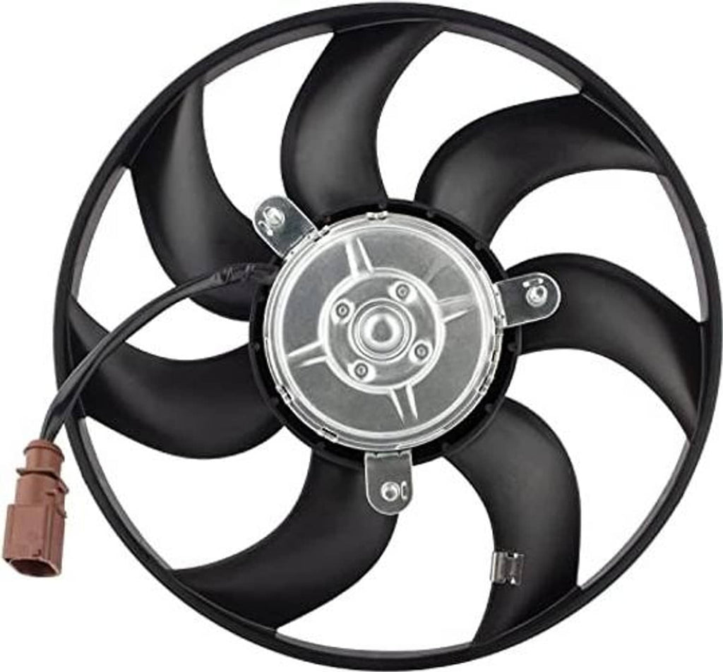 Radiator cooling fan assembly with black blades and silver motor hub, brown connector
