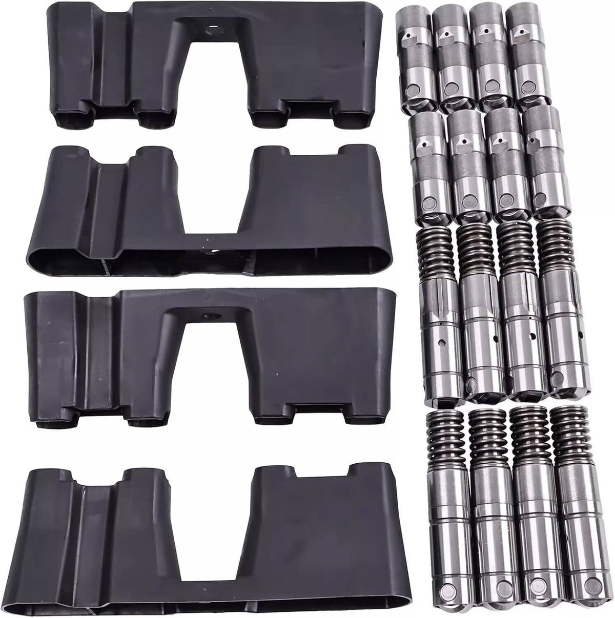 Metal engine lifters with coil springs and black plastic guide blocks for installation.