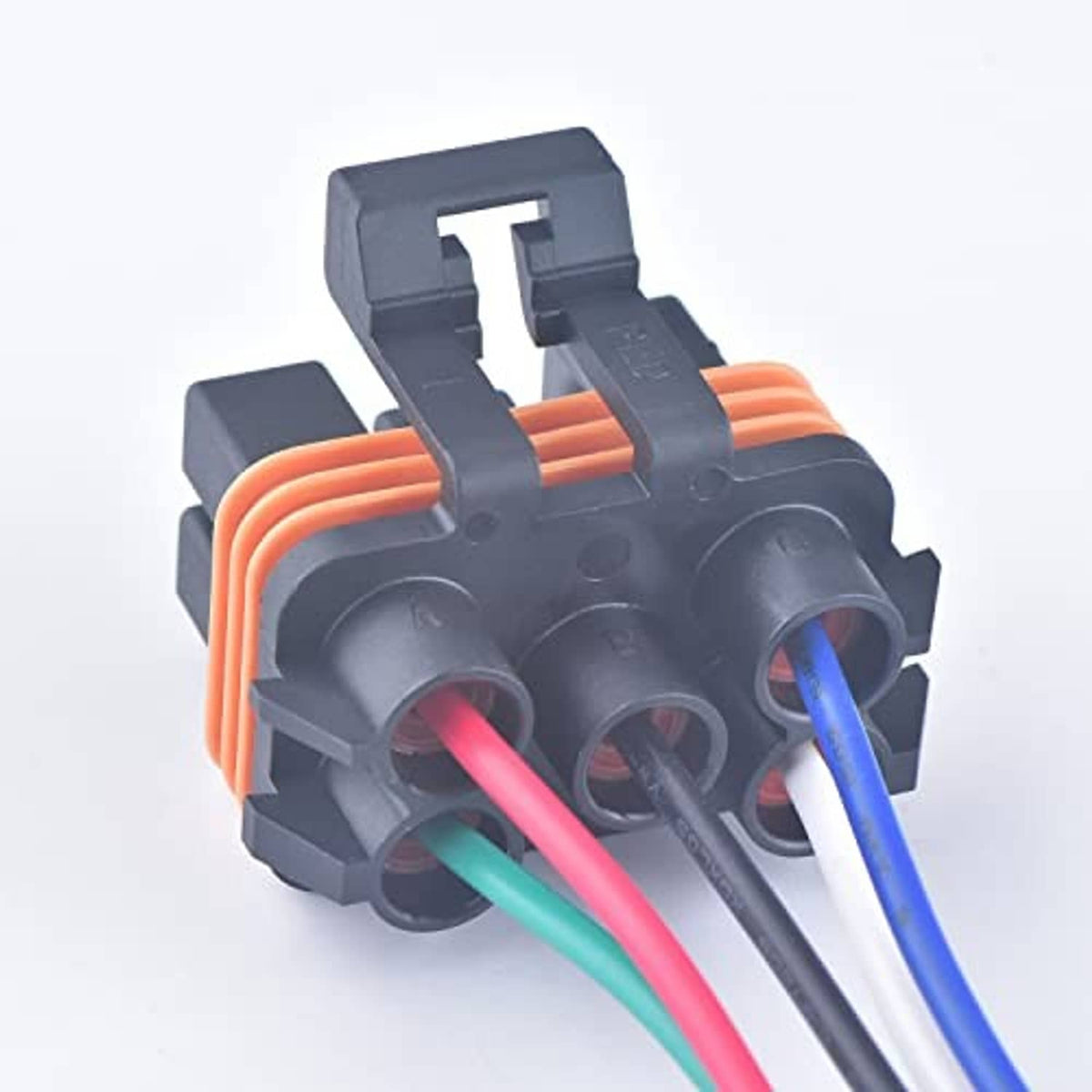 5-pin female waterproof connector plug showing top view of black sockets with colored wires