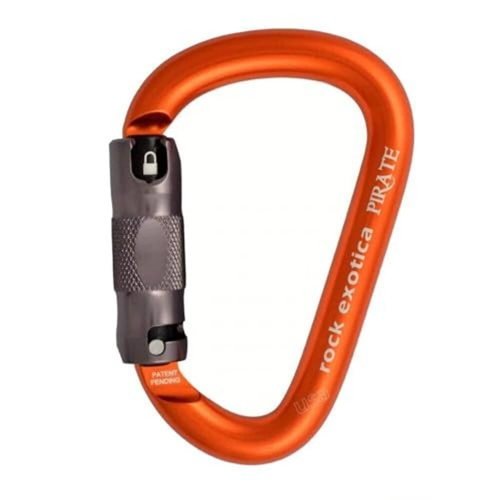 Orange locking carabiner with black latch and 'PIRKA' marking on the body
