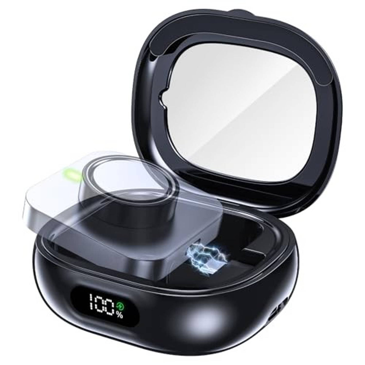 Black charging case with open lid and ring dock, 100% battery indicator
