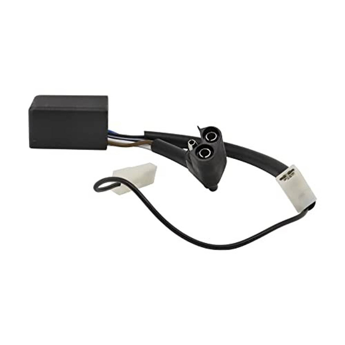 Black CDI ignition module with harness, two white connectors, and a round socket