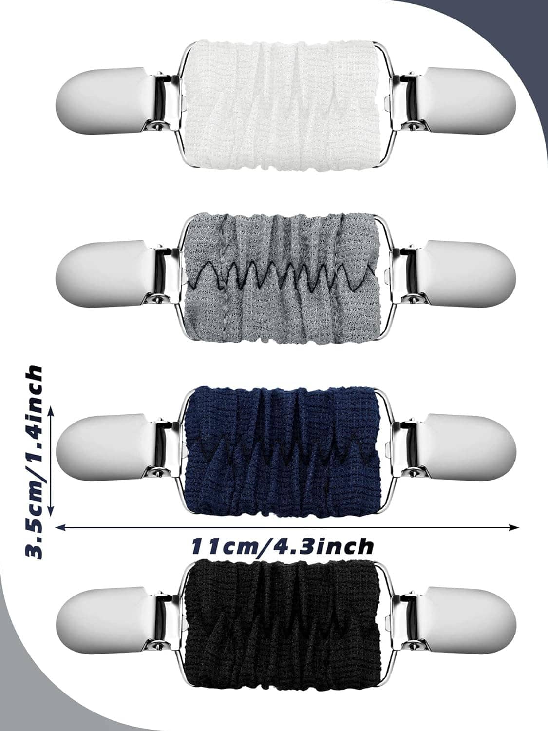 Four dress cinch clips in white, gray, navy, and black with size markings shown