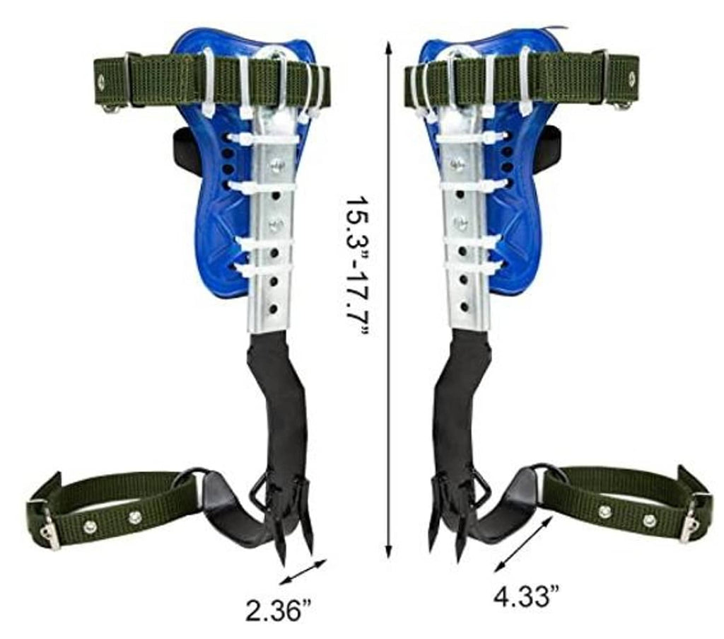 Adjustable tree climbing spikes with blue foot plates and stainless ladder bars, black straps