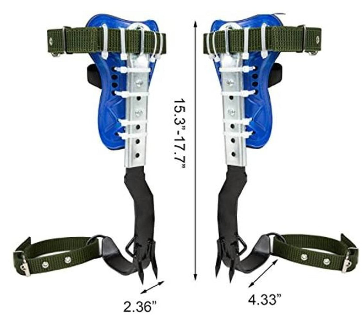 Adjustable tree climbing spikes with blue foot plates and stainless ladder bars, black straps