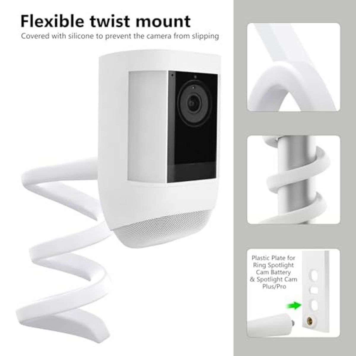 White flexible twist mount with spiral arms and mounting plate for stick-up cameras