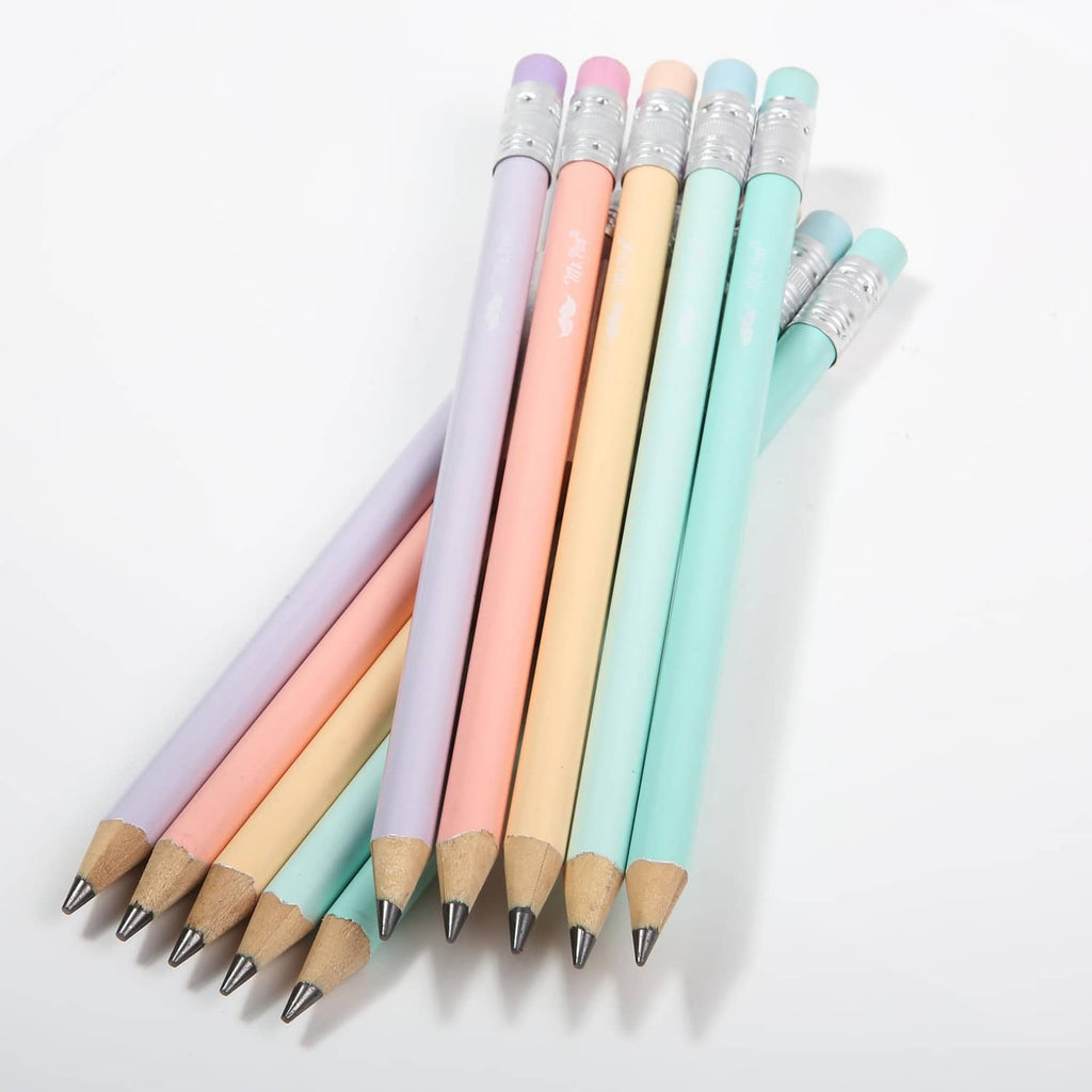Pastel jumbo pencils fanned out with sharpened tips and silver ferrules on colorful barrels