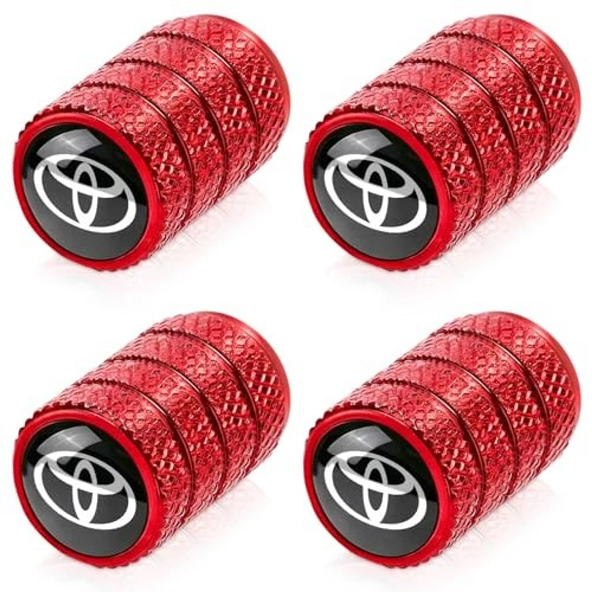 Set of four red tire valve stem caps with Toyota logo, textured grip and black base