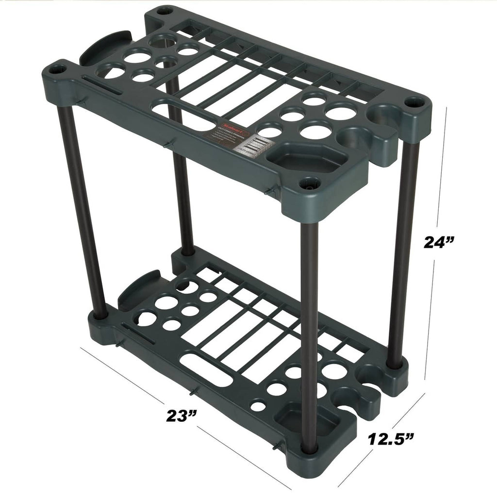 Dark green 2-tier tool rack showing 23 in length, 24 in height, and 12.5 in depth