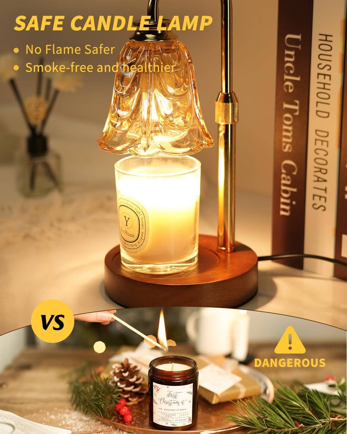 Flameless gold tulip glass candle warmer lamp with wood base and warm candle light