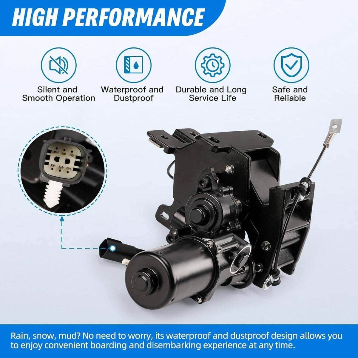 Black power running board motor assembly with bracket and round motor housing