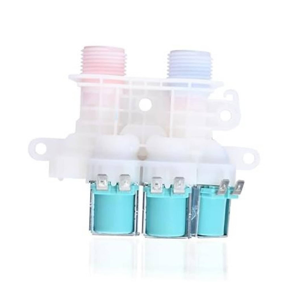 Plastic water inlet valve with teal solenoid coils and electrical terminals