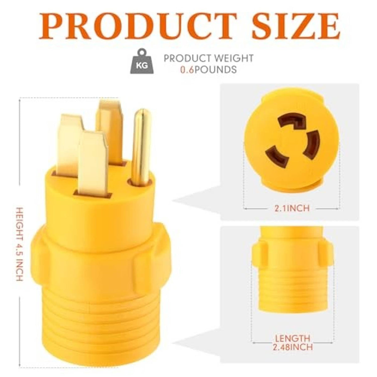 Yellow adapter plug with size diagram, height and length measurements shown