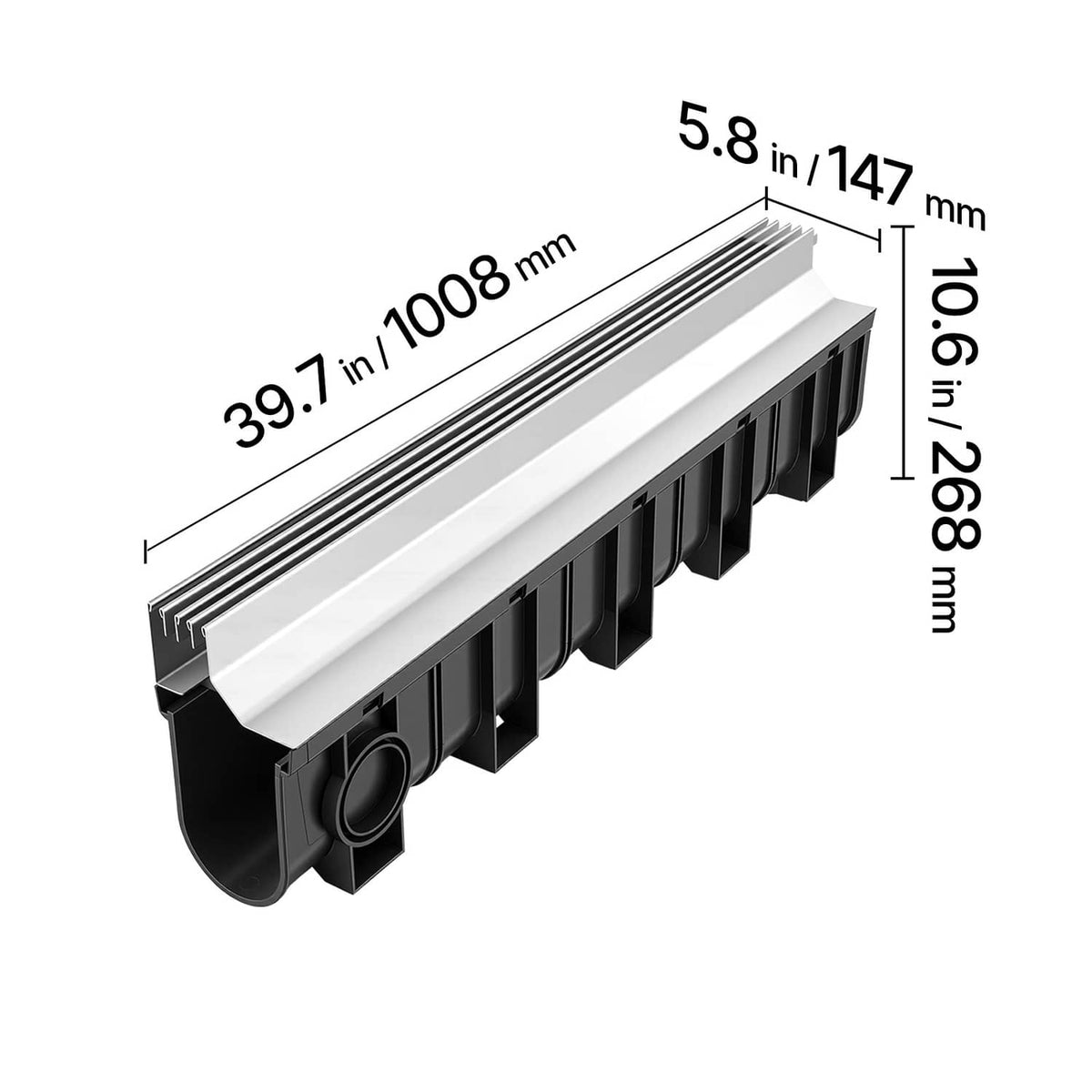 Single linear trench drain channel with slotted steel grate and black outlet