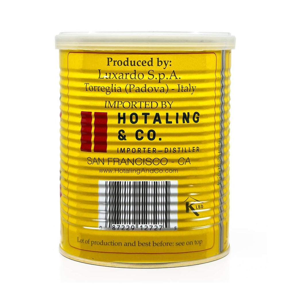 Maraschino cherries can back label with producer details and barcode on yellow tub