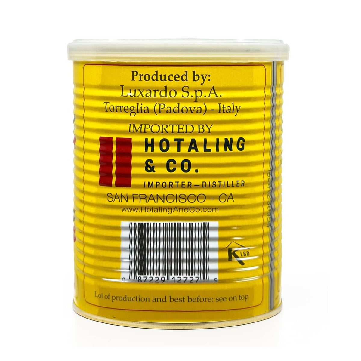 Maraschino cherries can back label with producer details and barcode on yellow tub