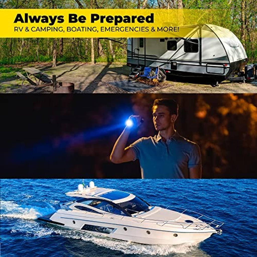 Battery organizer preparedness promotional scene with boat and camper imagery