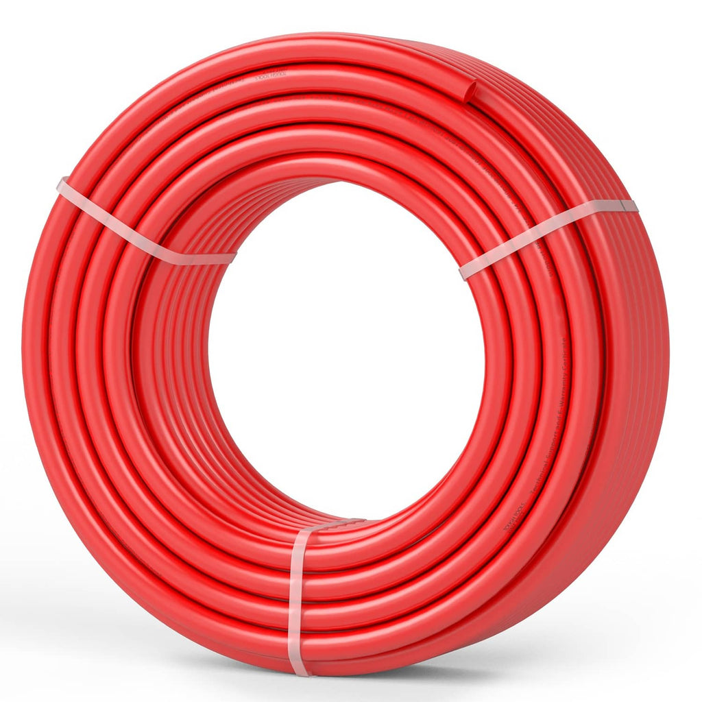 Coiled red PEX-B tubing, 3/4 in size with securing wrap bands