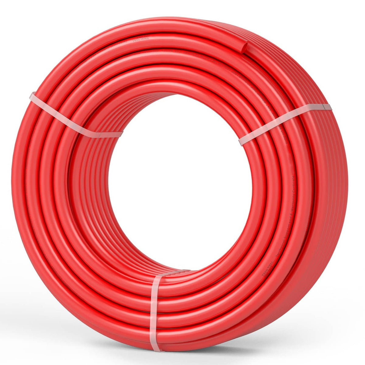 Coiled red PEX-B tubing, 3/4 in size with securing wrap bands