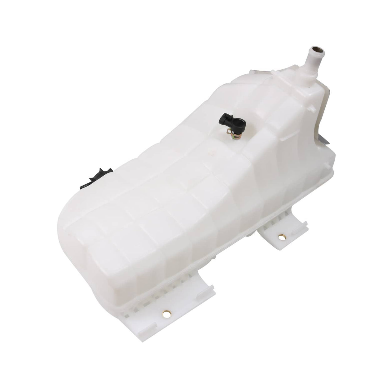 Coolant recovery reservoir tank bottle with vent outlet and black sensor connector, white plastic