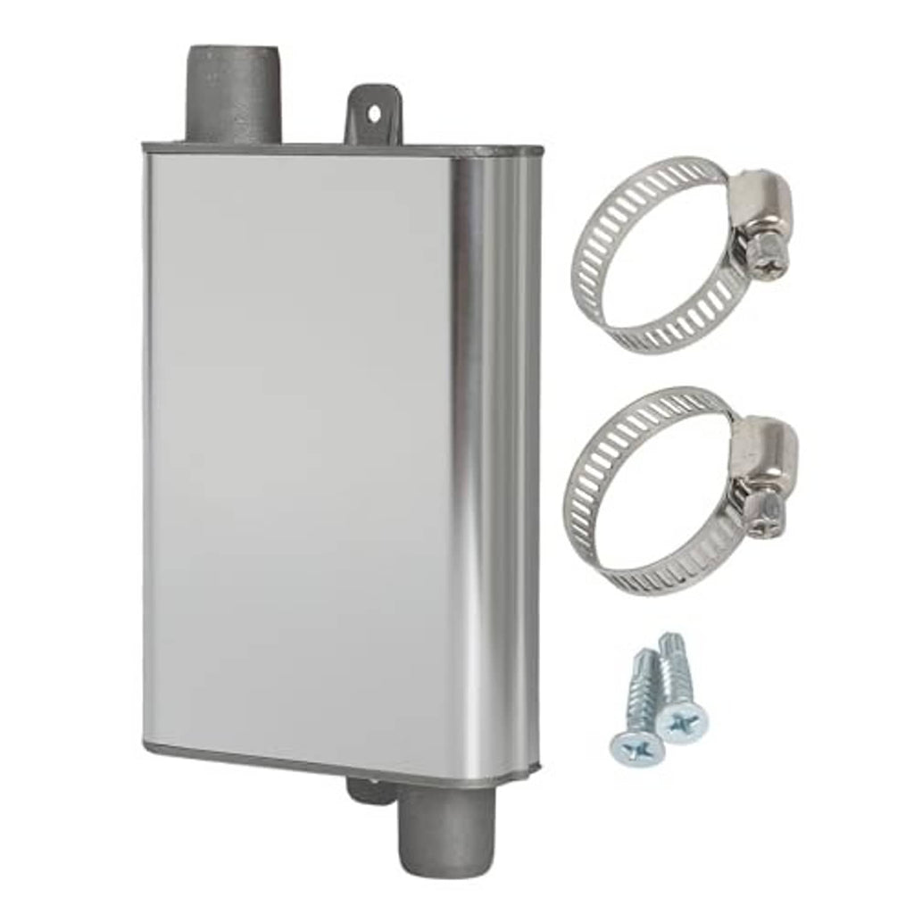 Silver exhaust muffler silencer box with mounting bracket, two hose clamps and screw