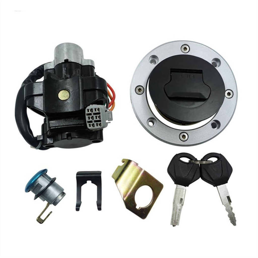 Ignition switch and fuel cap lock set with keys and black housing, metal ring