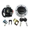 Ignition switch and fuel cap lock set with keys and black housing, metal ring
