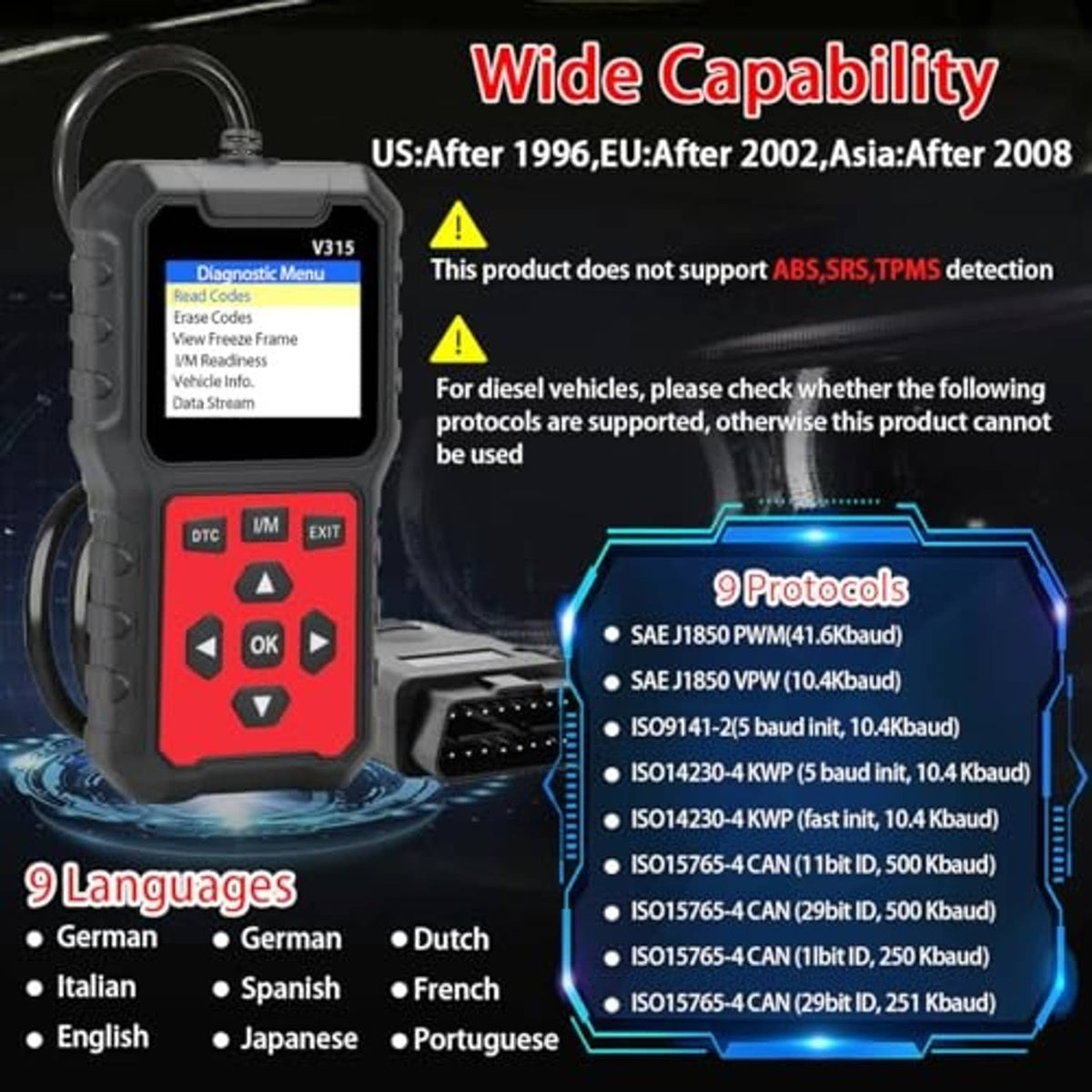 Black OBD2 scan tool with Diagnostic Menu screen and detachable OBD connector