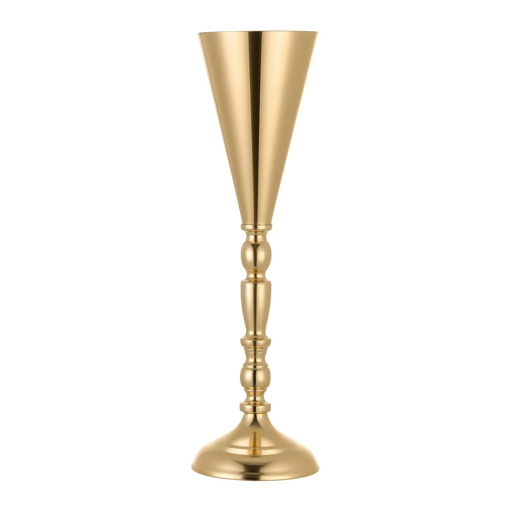 Gold trumpet vase centerpiece with flared rim, stacked stem segments, and pedestal base