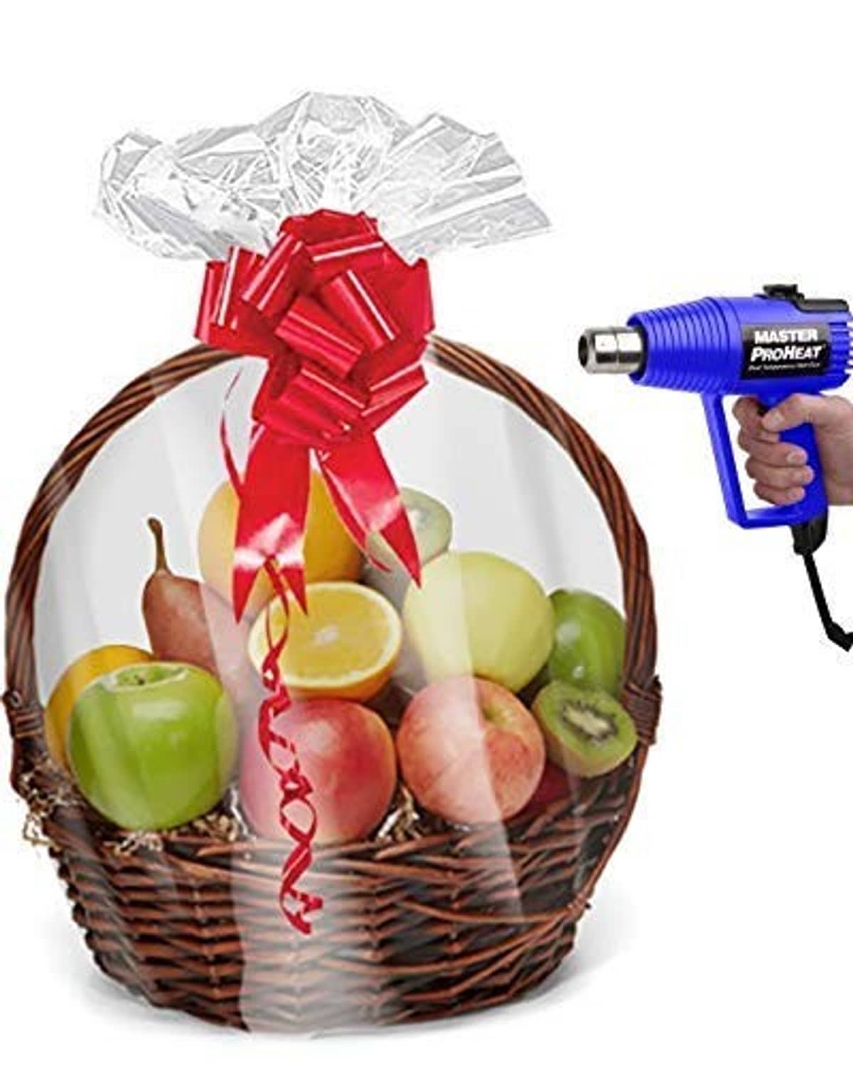 Clear shrink wrap basket bag with red bow gift basket, crinkled top wrap