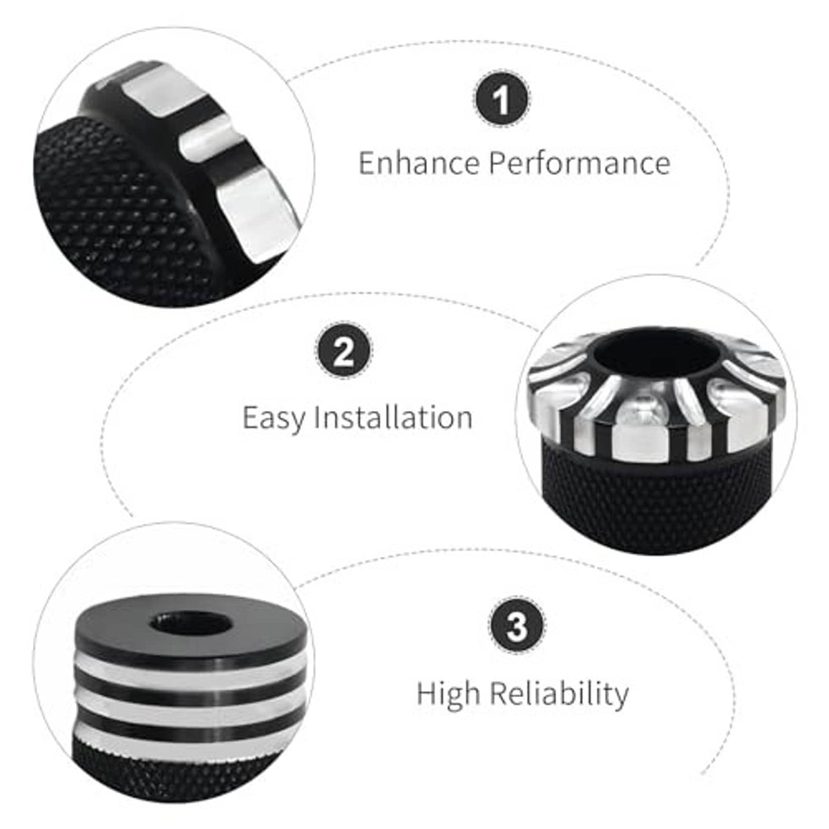 Black textured shifter pegs with silver ring ends; inset shows detailed grip pattern