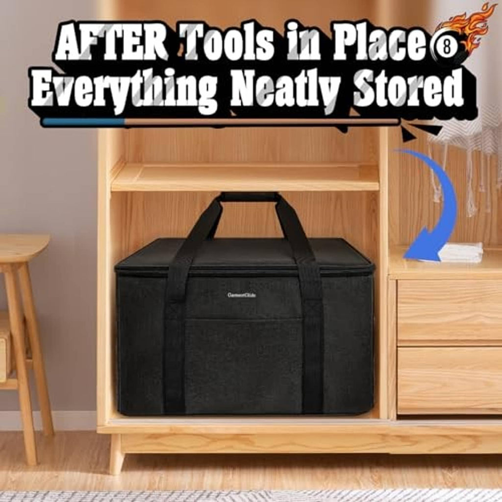 Black storage bag with two carry handles and zippered main compartment