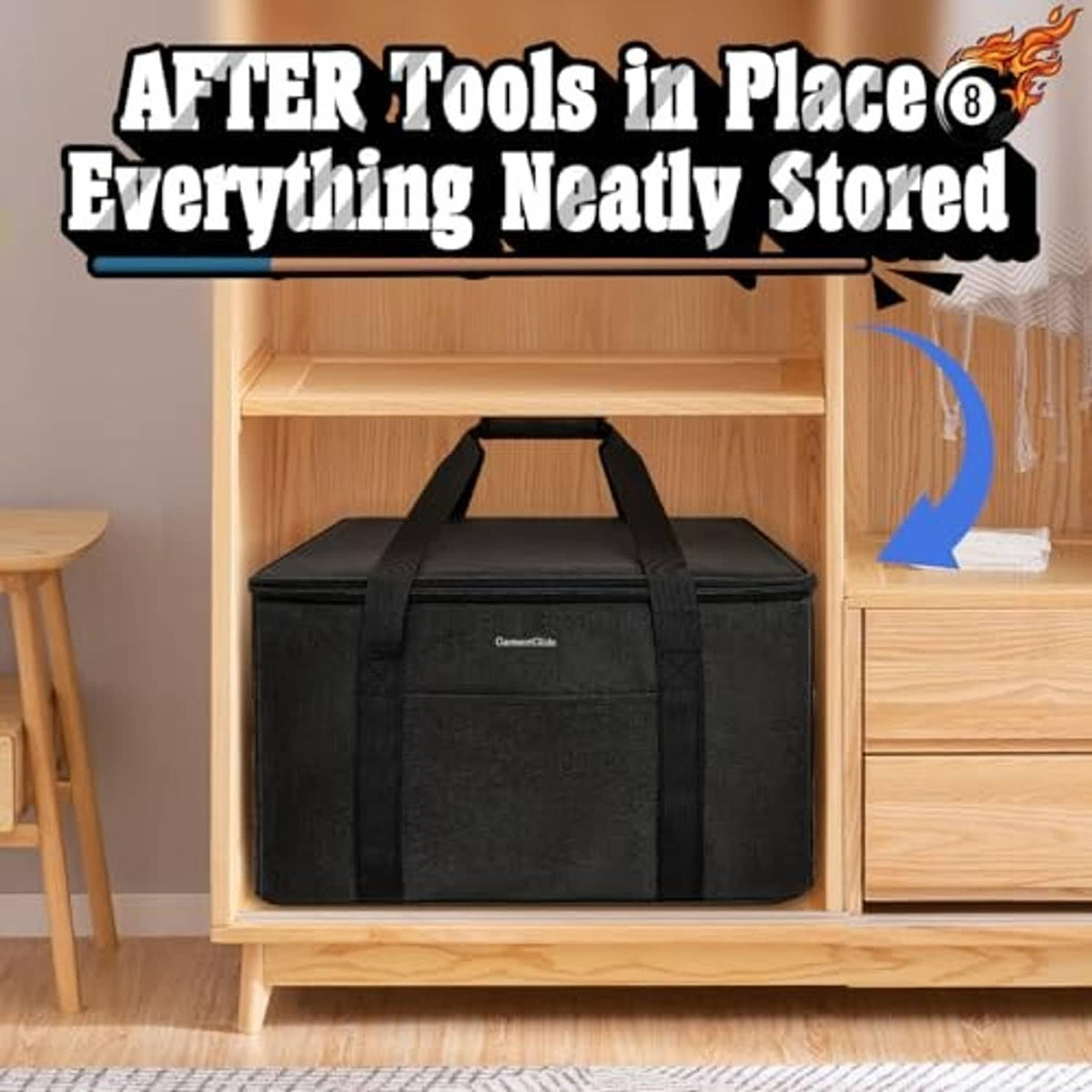 Black storage bag with two carry handles and zippered main compartment