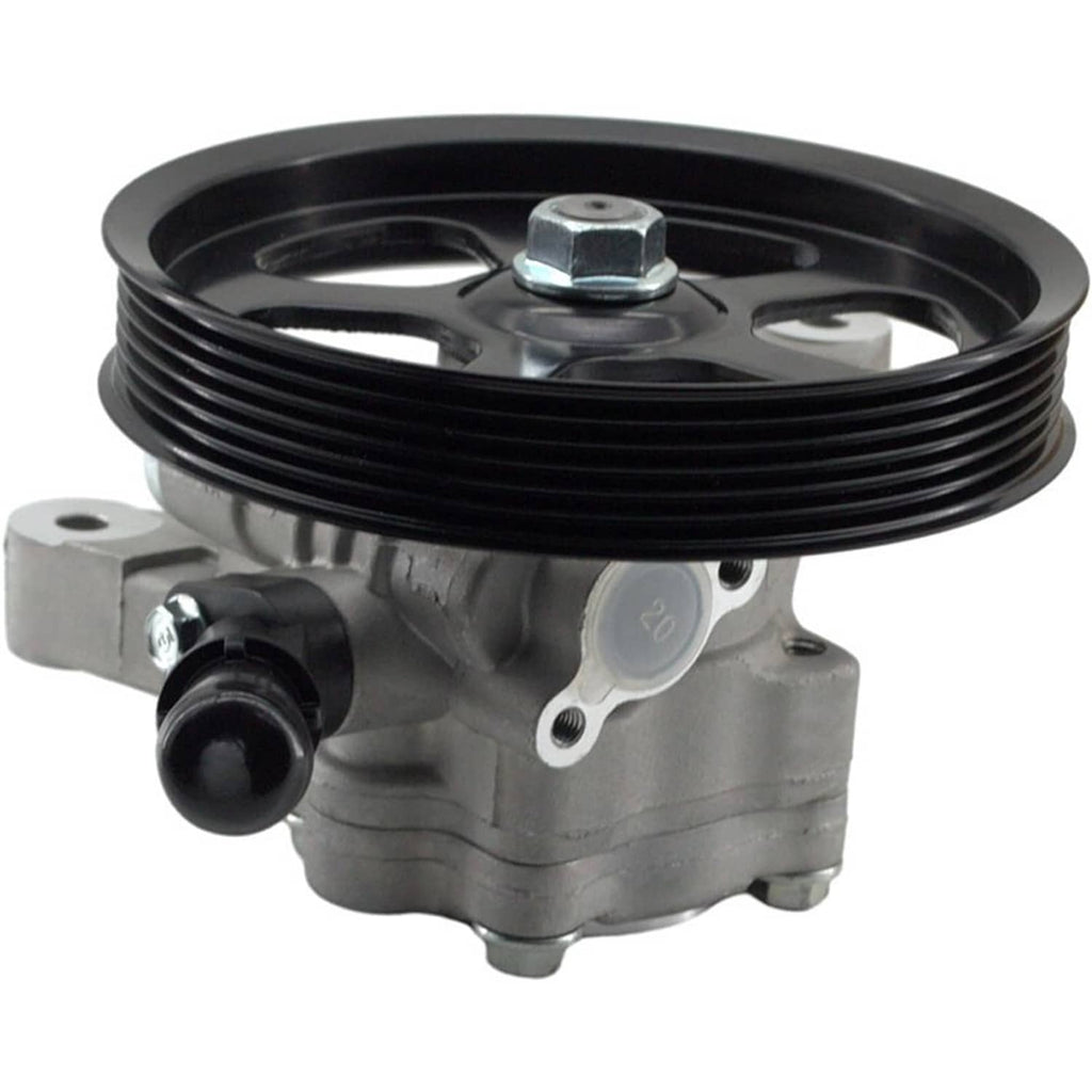 Power steering pump with black pulley, silver housing, and pressure outlet port