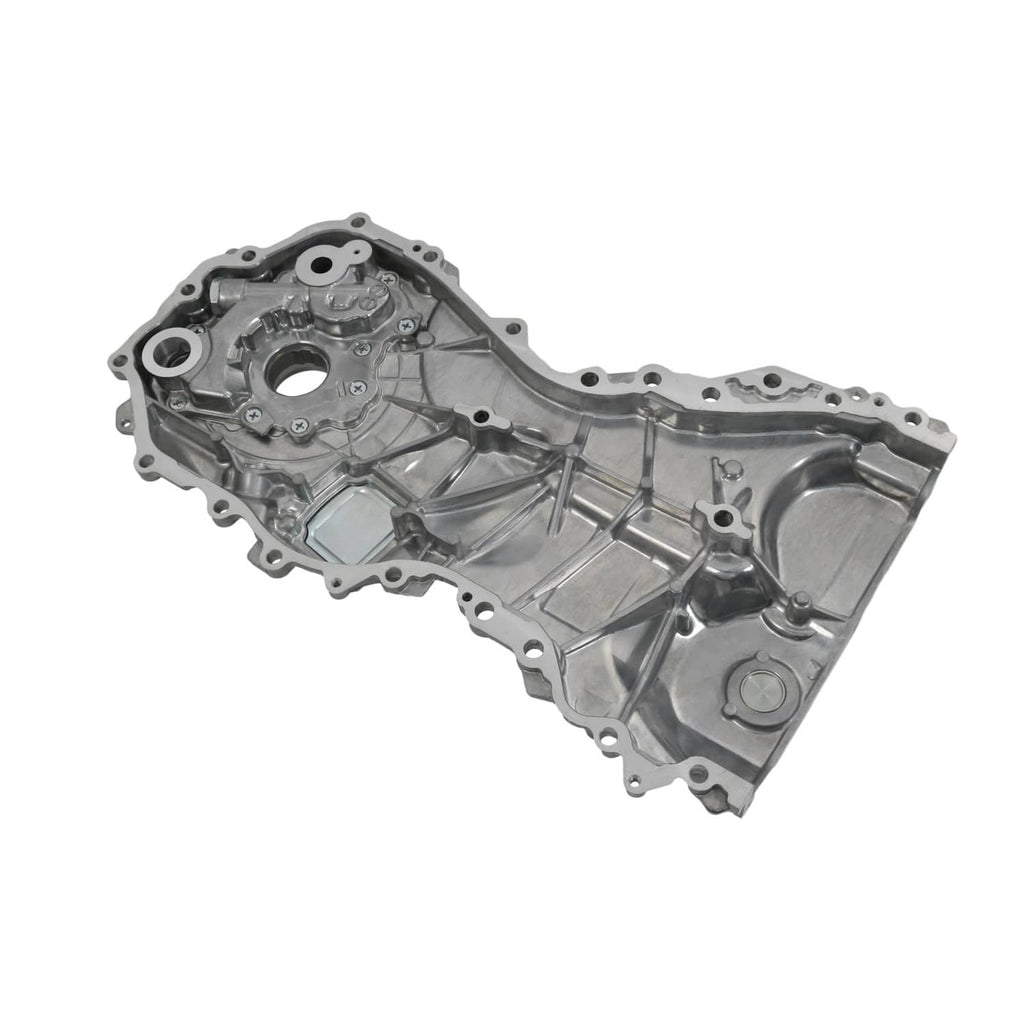 Oil pump assembly housing viewed from side with recessed bolt areas