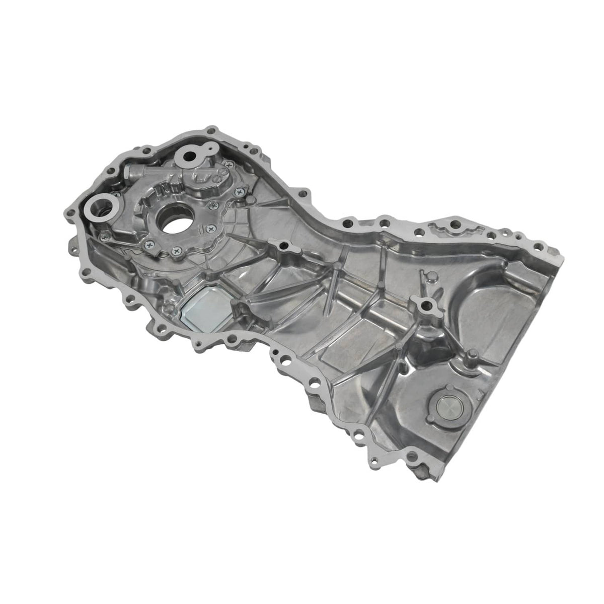 Oil pump assembly housing viewed from side with recessed bolt areas