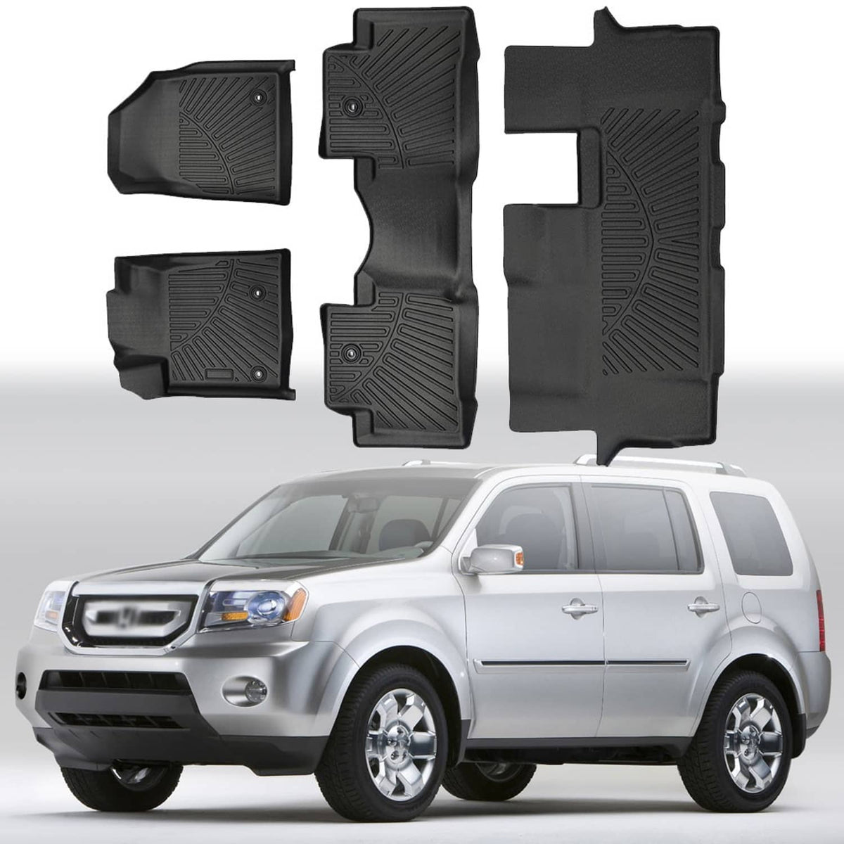 Black TPE floor mat set with molded grooves and snaps, tailored car-fit
