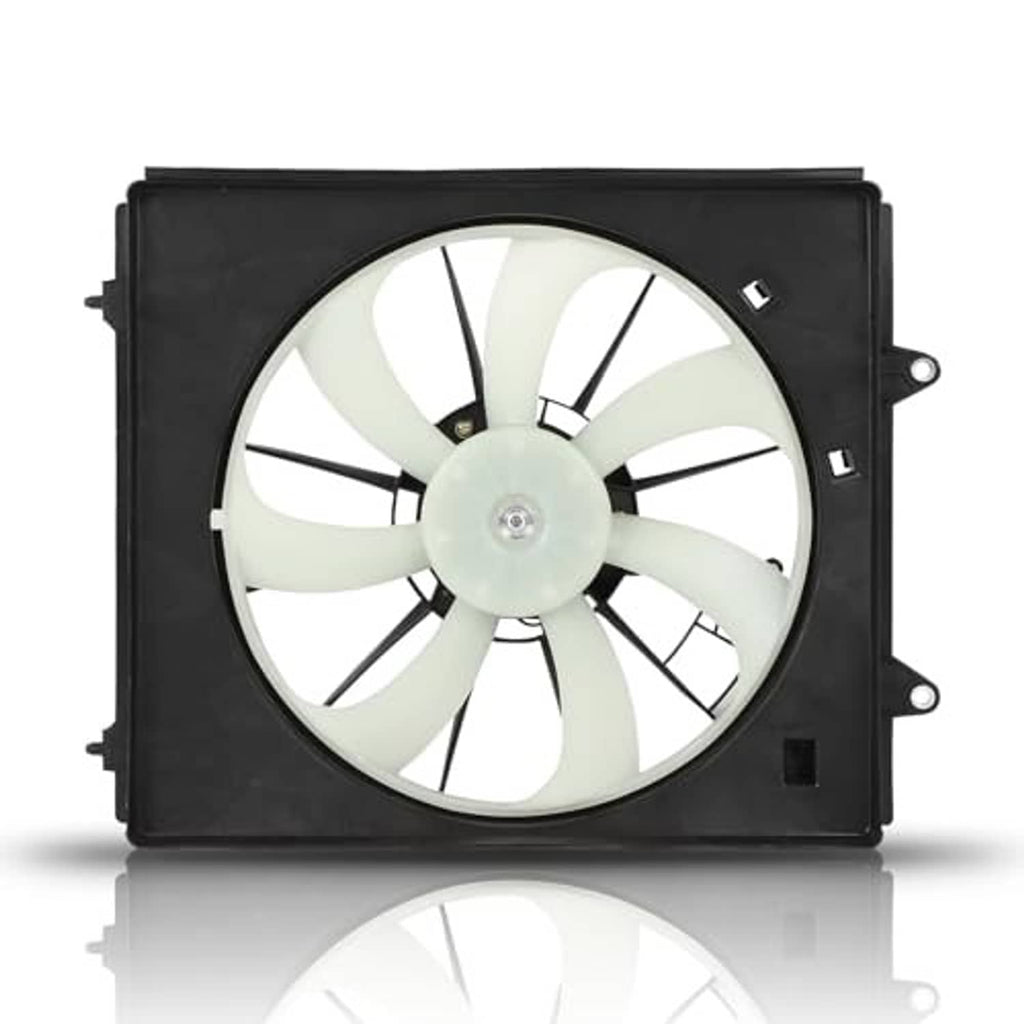 Engine cooling fan assembly front view with black housing and white fan blades
