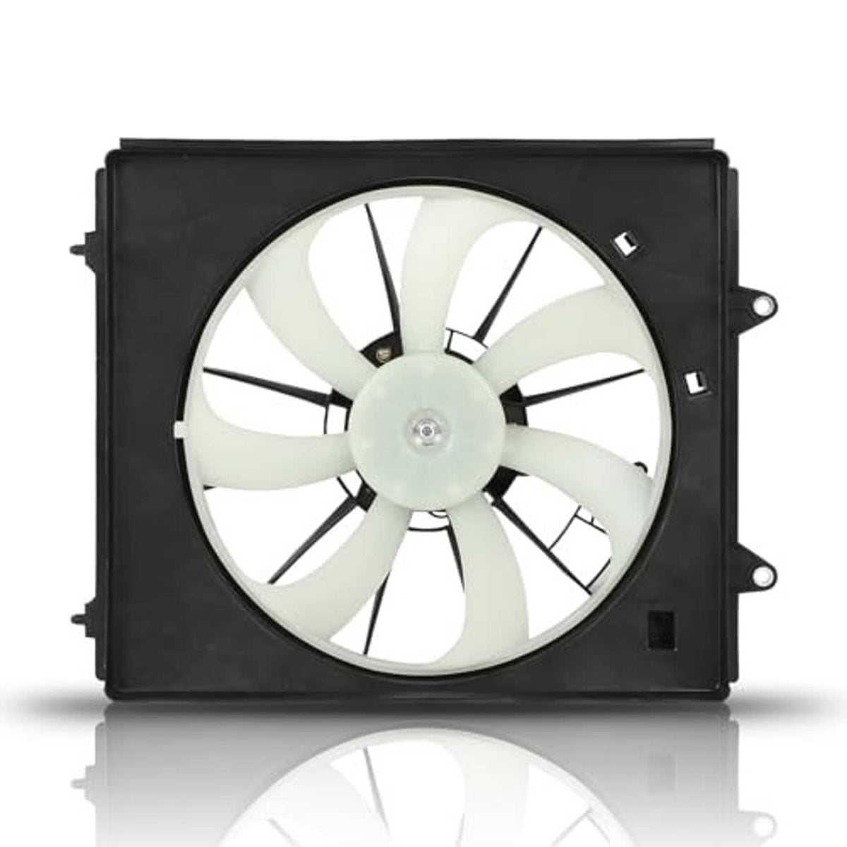 Engine cooling fan assembly front view with black housing and white fan blades