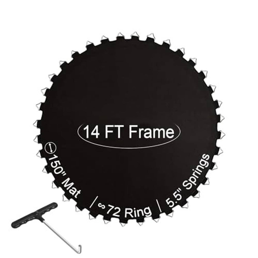 Black circular trampoline replacement mat with V-rings and included metal spring tool